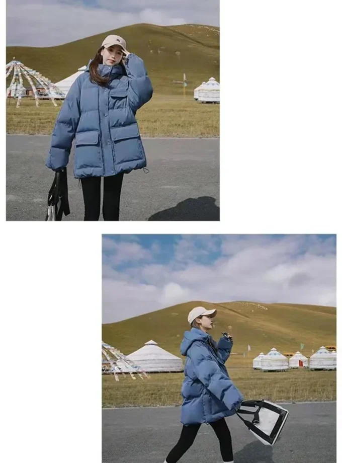 MiraMuze 2025 New Women's Loose Plus Thick Winter Hooded Flannel Coat Versatile Solid Color Down Jacket Winter Foggy Blue Women's Coat