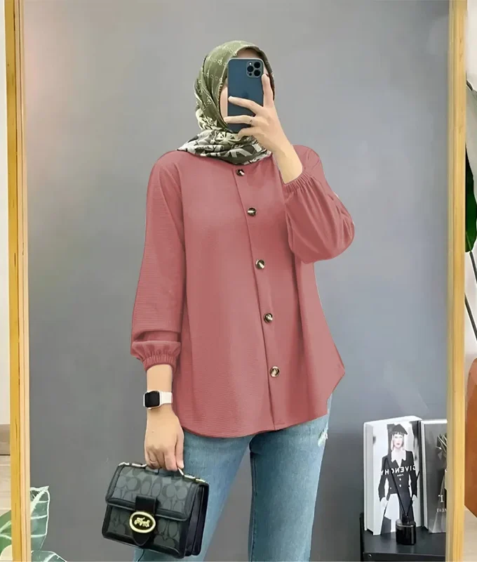 MiraMuze Women Muslim Tops Full Length Stand Collar Blouses Single Breasted Button Solid Cardigan Loose Casual Drape Dubai