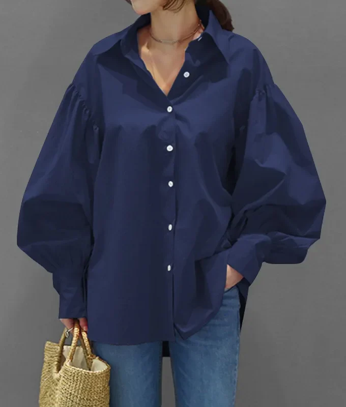 MiraMuze Muslim Women Top Blouse Single Breasted Turn Down Collar Lantern Sleeve Solid Color Tops Dubai Casual Shirt