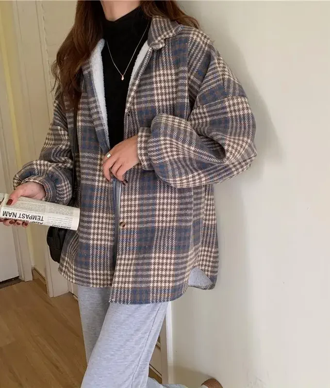 MiraMuze Velvet Thick Warm Women's Plaid Shirt Female Stripe Long Sleeve Tops Winter Fleece Casual Check Blouse Autumn