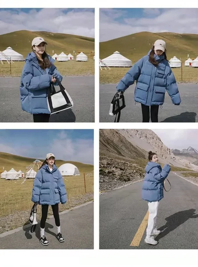 MiraMuze 2025 New Women's Loose Plus Thick Winter Hooded Flannel Coat Versatile Solid Color Down Jacket Winter Foggy Blue Women's Coat