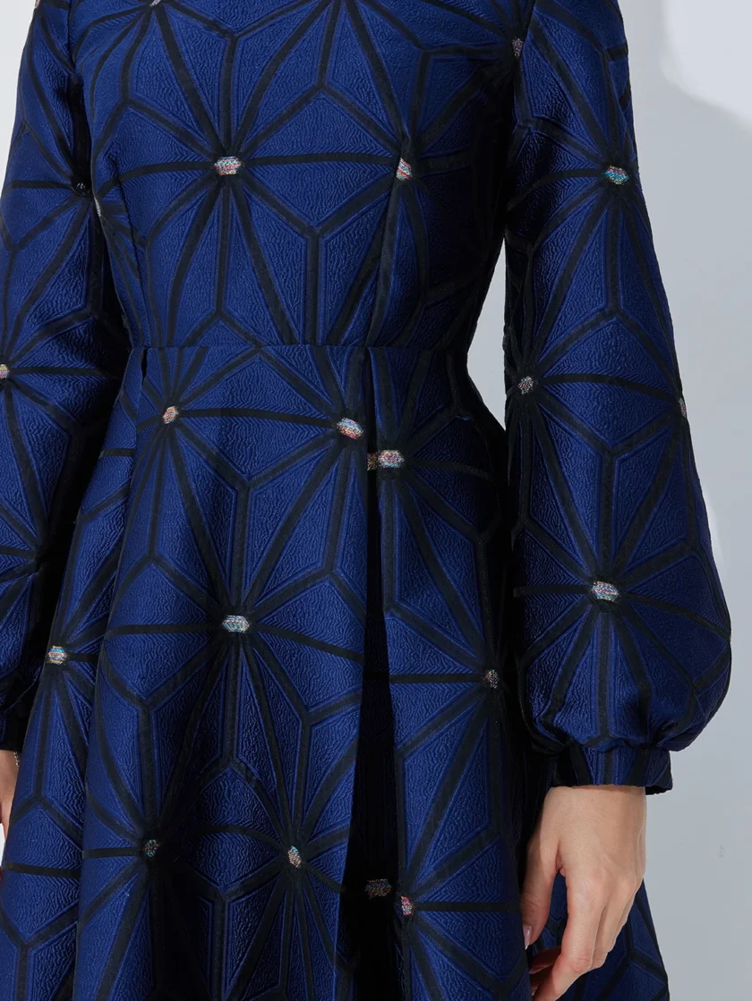 MiraMuze Fall Winter Turned Collar Lined Sleeve A-Line Silhouette Geometric Heavyweight Jacquard Elegant and Graceful Long Dress - Image 6