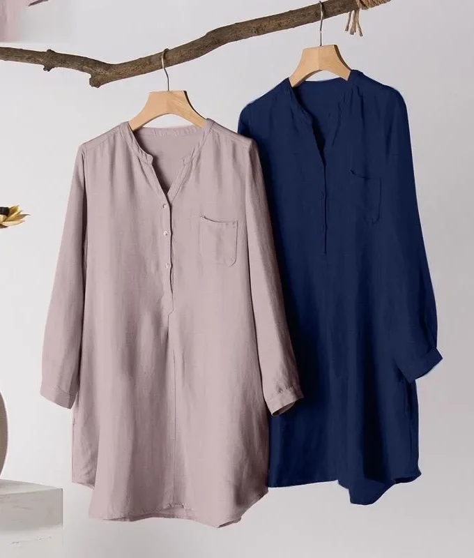 MiraMuze Women Muslim Tops Dubai V Neck Blouses Pullover Kaftan Arab Solid Casual Pockets Button Slight Strech Loose