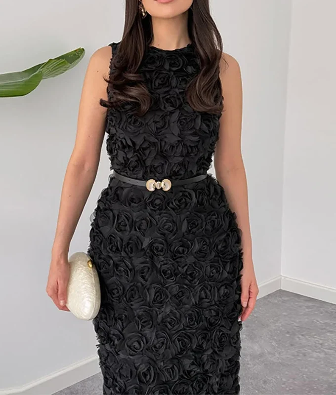 MiraMuze Fashion Temperament Long Dress Three-Dimensional Flower Solid Slim A-Line Dress 2025 Elegant Lady O-Neck Sleeveless Party Dress