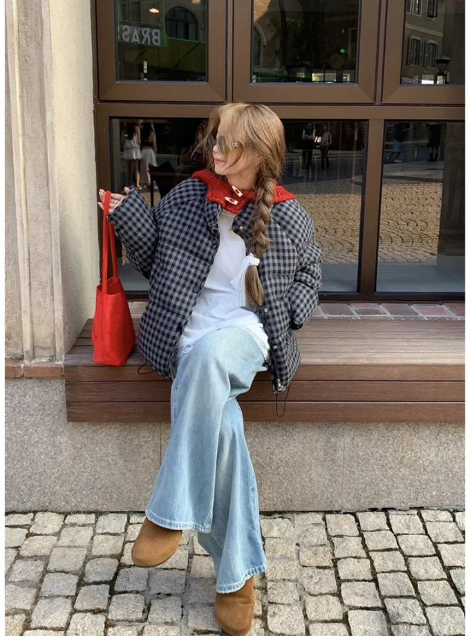 MiraMuze Short Plaid Parkas Women Streetwear Stand Collar Puffer Jacket Winter Korean Down Coats Fashion Cotton Padded Outerwears
