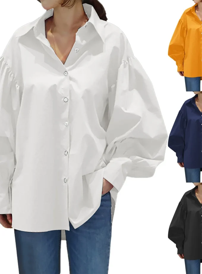 MiraMuze Muslim Women Top Blouse Single Breasted Turn Down Collar Lantern Sleeve Solid Color Tops Dubai Casual Shirt