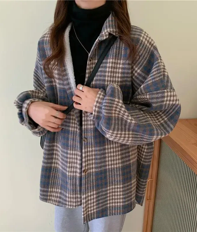 MiraMuze Velvet Thick Warm Women's Plaid Shirt Female Stripe Long Sleeve Tops Winter Fleece Casual Check Blouse Autumn