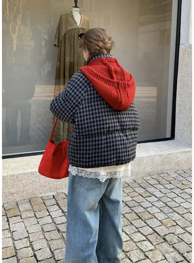 MiraMuze Short Plaid Parkas Women Streetwear Stand Collar Puffer Jacket Winter Korean Down Coats Fashion Cotton Padded Outerwears