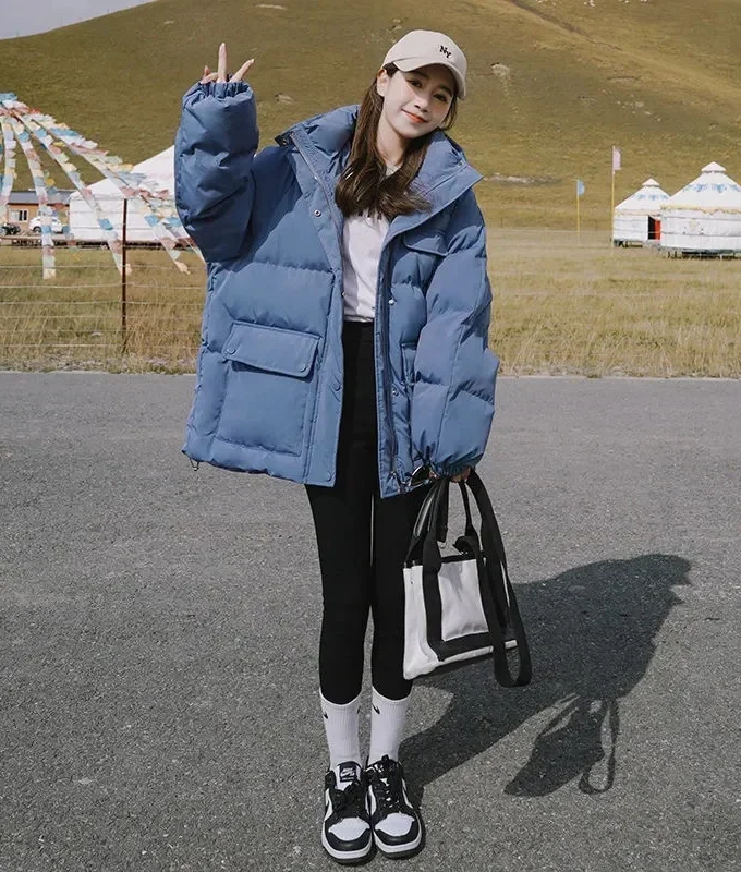 MiraMuze 2025 New Women's Loose Plus Thick Winter Hooded Flannel Coat Versatile Solid Color Down Jacket Winter Foggy Blue Women's Coat