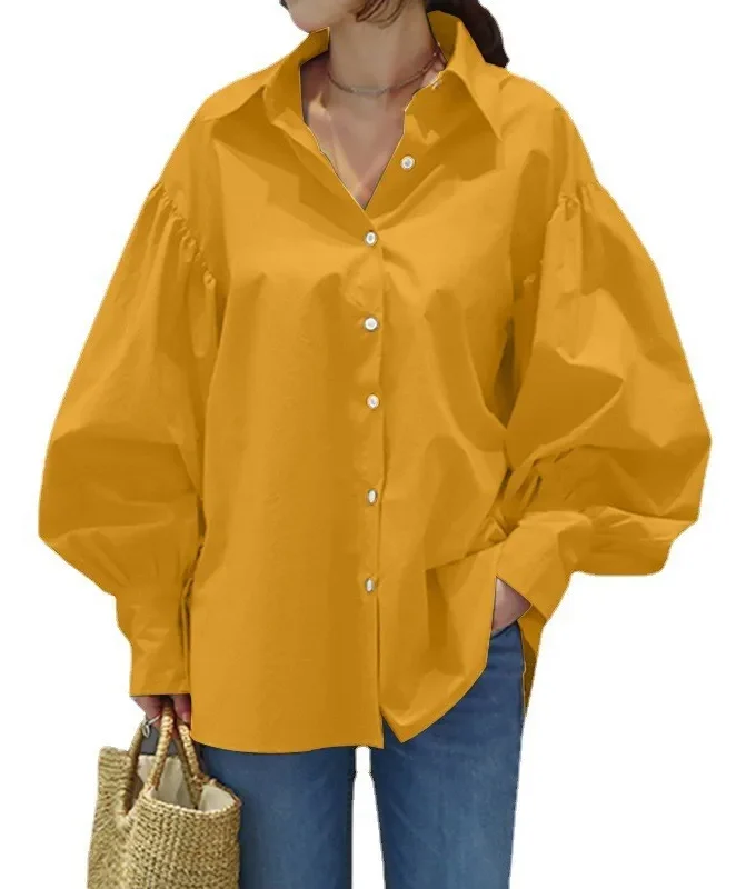 MiraMuze Muslim Women Top Blouse Single Breasted Turn Down Collar Lantern Sleeve Solid Color Tops Dubai Casual Shirt