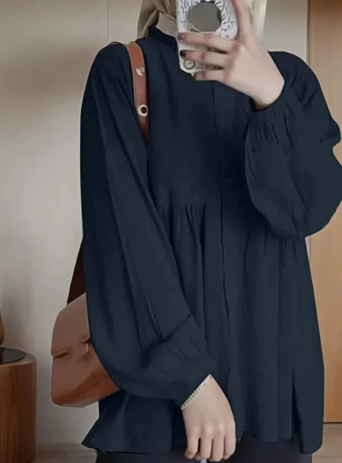 MiraMuze Muslim Shirt Women Top Round Collar Ruffles Overshirt Single Breasted Lantern Sleeve Autumn Dubai Modest Tops