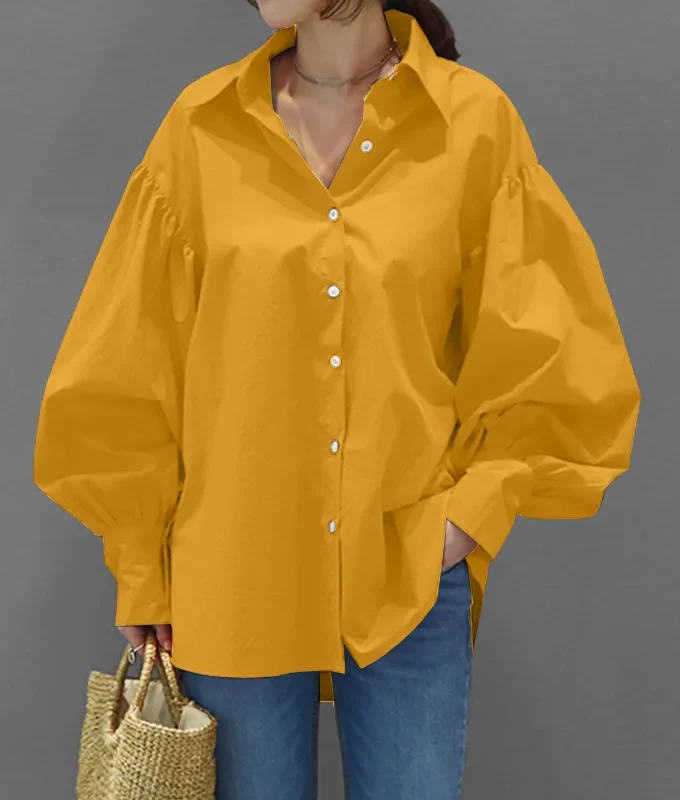 MiraMuze Muslim Women Top Blouse Single Breasted Turn Down Collar Lantern Sleeve Solid Color Tops Dubai Casual Shirt