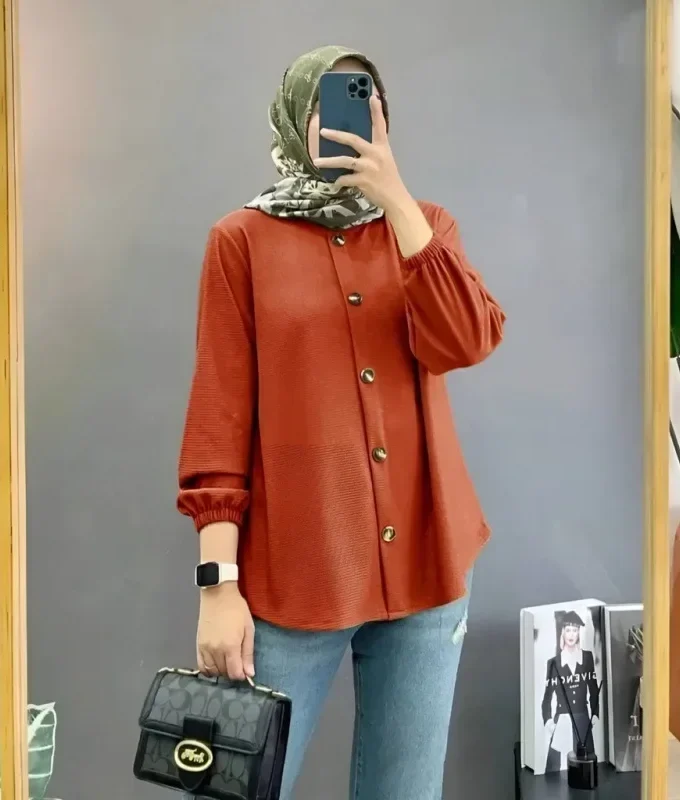 MiraMuze Women Muslim Tops Full Length Stand Collar Blouses Single Breasted Button Solid Cardigan Loose Casual Drape Dubai
