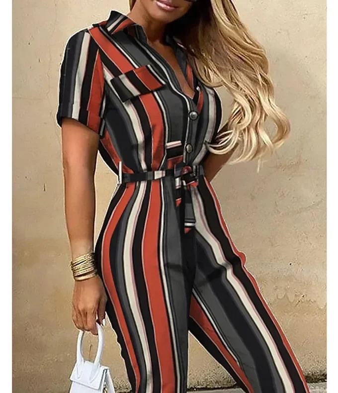 MiraMuze Summer Women's New Fashion Flip Collar Button Print Belt Lace Up Work Dress Casual Capris Jumpsuit Office