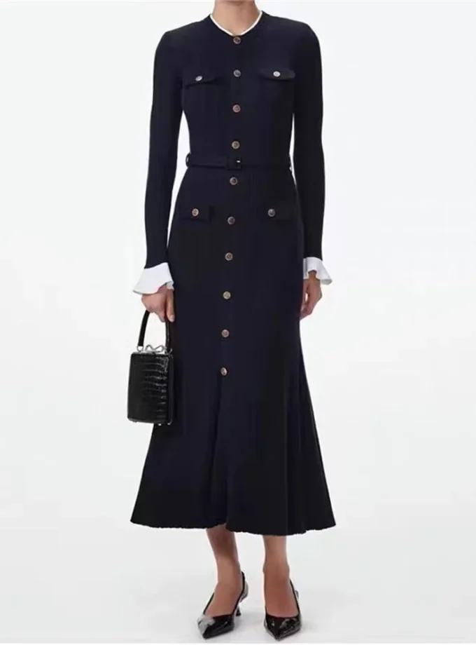 MiraMuze French Women Knitted Long Fishtail Dress O-Neck Single-Breasted Gold Buttons Contrast Color Cuffs Midi Robe with Belt for Female