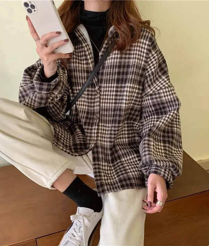 MiraMuze Velvet Thick Warm Women's Plaid Shirt Female Stripe Long Sleeve Tops Winter Fleece Casual Check Blouse Autumn