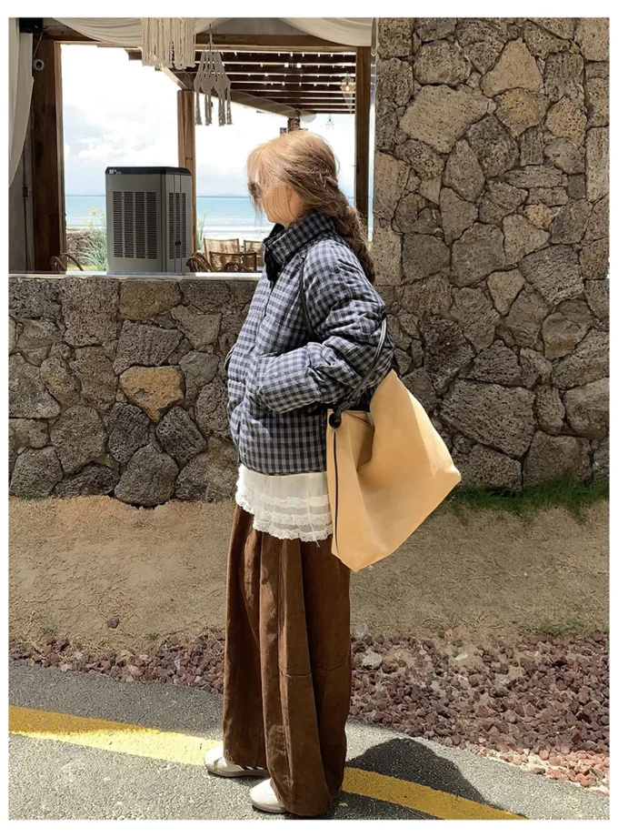 MiraMuze Short Plaid Parkas Women Streetwear Stand Collar Puffer Jacket Winter Korean Down Coats Fashion Cotton Padded Outerwears