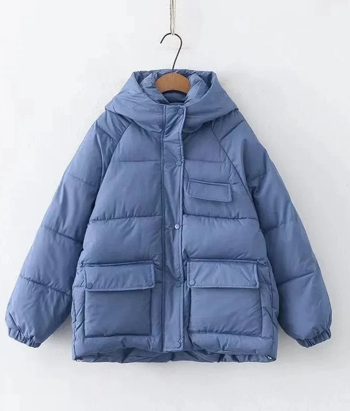 MiraMuze 2025 New Women's Loose Plus Thick Winter Hooded Flannel Coat Versatile Solid Color Down Jacket Winter Foggy Blue Women's Coat