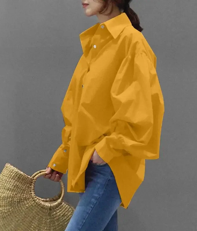 MiraMuze Muslim Women Top Blouse Single Breasted Turn Down Collar Lantern Sleeve Solid Color Tops Dubai Casual Shirt