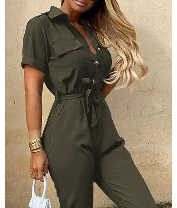 MiraMuze Summer Women's New Fashion Flip Collar Button Print Belt Lace Up Work Dress Casual Capris Jumpsuit Office