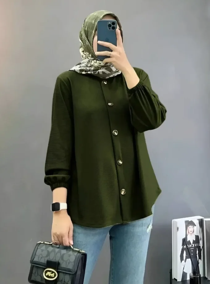 MiraMuze Women Muslim Tops Full Length Stand Collar Blouses Single Breasted Button Solid Cardigan Loose Casual Drape Dubai