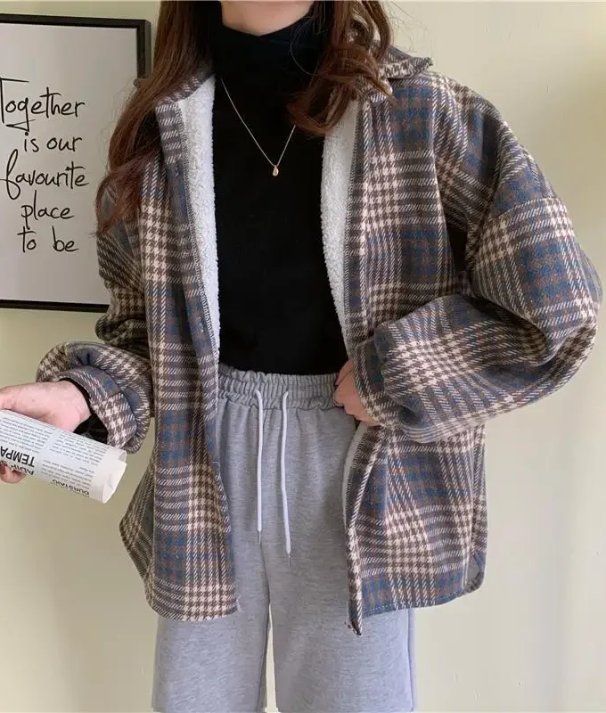 MiraMuze Velvet Thick Warm Women's Plaid Shirt Female Stripe Long Sleeve Tops Winter Fleece Casual Check Blouse Autumn