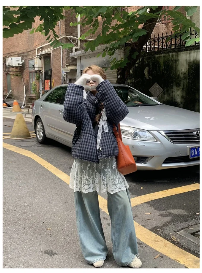 MiraMuze Short Plaid Parkas Women Streetwear Stand Collar Puffer Jacket Winter Korean Down Coats Fashion Cotton Padded Outerwears