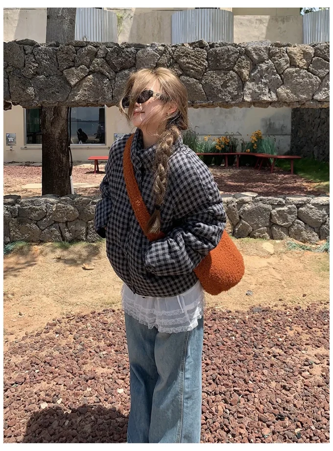 MiraMuze Short Plaid Parkas Women Streetwear Stand Collar Puffer Jacket Winter Korean Down Coats Fashion Cotton Padded Outerwears