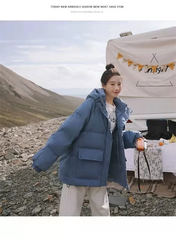 MiraMuze 2025 New Women's Loose Plus Thick Winter Hooded Flannel Coat Versatile Solid Color Down Jacket Winter Foggy Blue Women's Coat