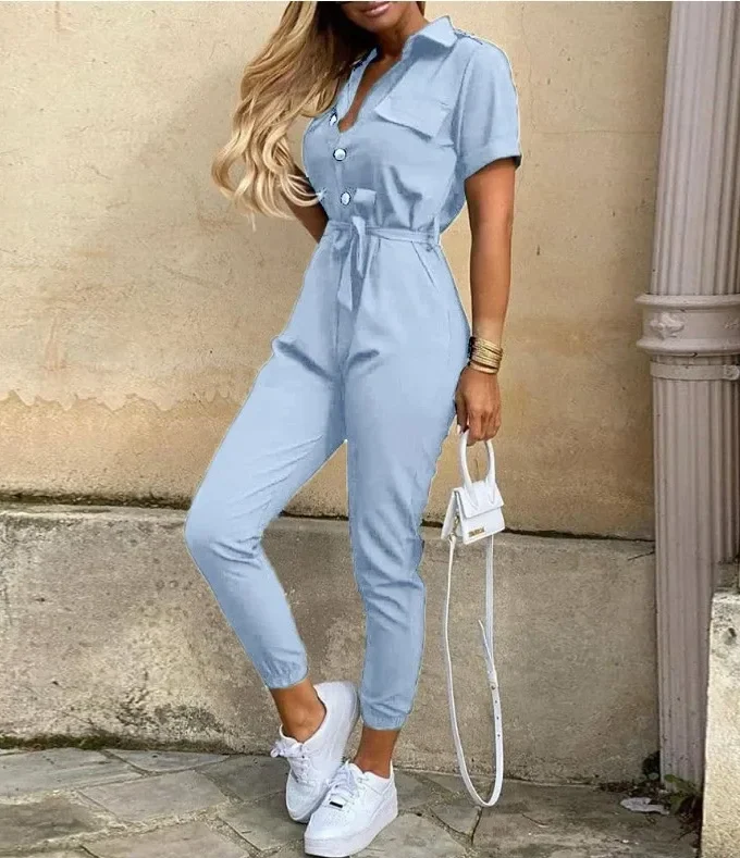 MiraMuze Summer Women's New Fashion Flip Collar Button Print Belt Lace Up Work Dress Casual Capris Jumpsuit Office