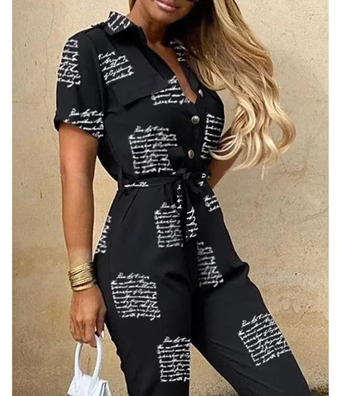 MiraMuze Summer Women's New Fashion Flip Collar Button Print Belt Lace Up Work Dress Casual Capris Jumpsuit Office
