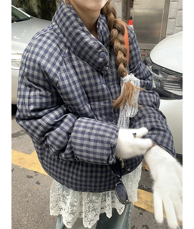 MiraMuze Short Plaid Parkas Women Streetwear Stand Collar Puffer Jacket Winter Korean Down Coats Fashion Cotton Padded Outerwears