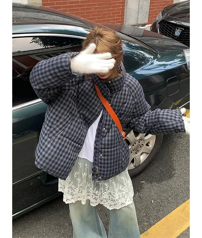 MiraMuze Short Plaid Parkas Women Streetwear Stand Collar Puffer Jacket Winter Korean Down Coats Fashion Cotton Padded Outerwears