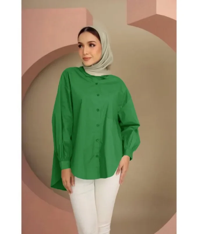 MiraMuze Women Muslim Blouse Vintage Turn Down Collar Long Sleeve Solid Single Breasted Loose Shirt Casual Islamic Clothing