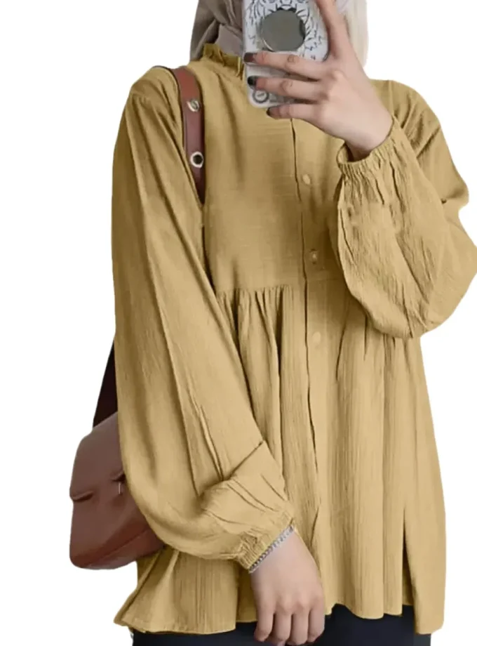 MiraMuze Muslim Shirt Women Top Round Collar Ruffles Overshirt Single Breasted Lantern Sleeve Autumn Dubai Modest Tops