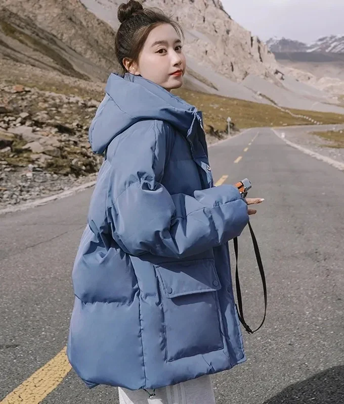 MiraMuze 2025 New Women's Loose Plus Thick Winter Hooded Flannel Coat Versatile Solid Color Down Jacket Winter Foggy Blue Women's Coat