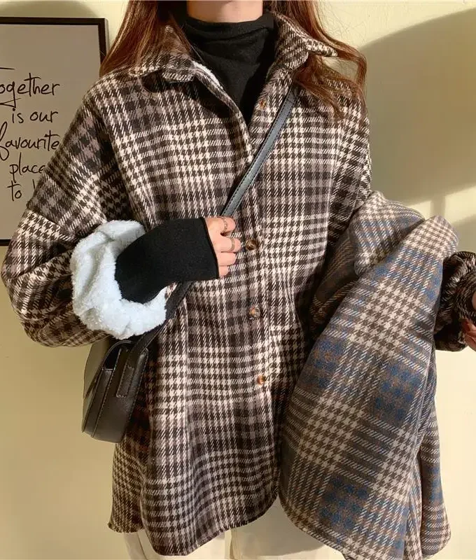 MiraMuze Velvet Thick Warm Women's Plaid Shirt Female Stripe Long Sleeve Tops Winter Fleece Casual Check Blouse Autumn