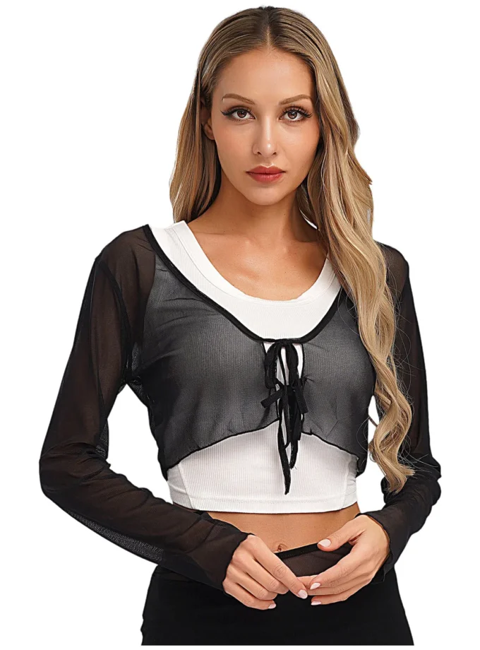 MiraMuze Semi-Sheer Shawl Long Sleeves Adult Women Clothing Cardigan Front Tie-up Short Small Thin Shawl