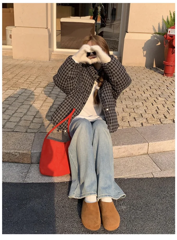 MiraMuze Short Plaid Parkas Women Streetwear Stand Collar Puffer Jacket Winter Korean Down Coats Fashion Cotton Padded Outerwears