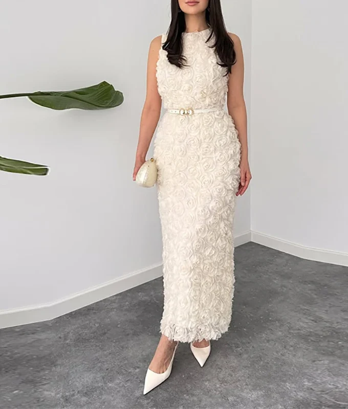 MiraMuze Fashion Temperament Long Dress Three-Dimensional Flower Solid Slim A-Line Dress 2025 Elegant Lady O-Neck Sleeveless Party Dress
