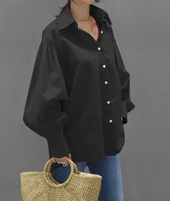 MiraMuze Muslim Women Top Blouse Single Breasted Turn Down Collar Lantern Sleeve Solid Color Tops Dubai Casual Shirt