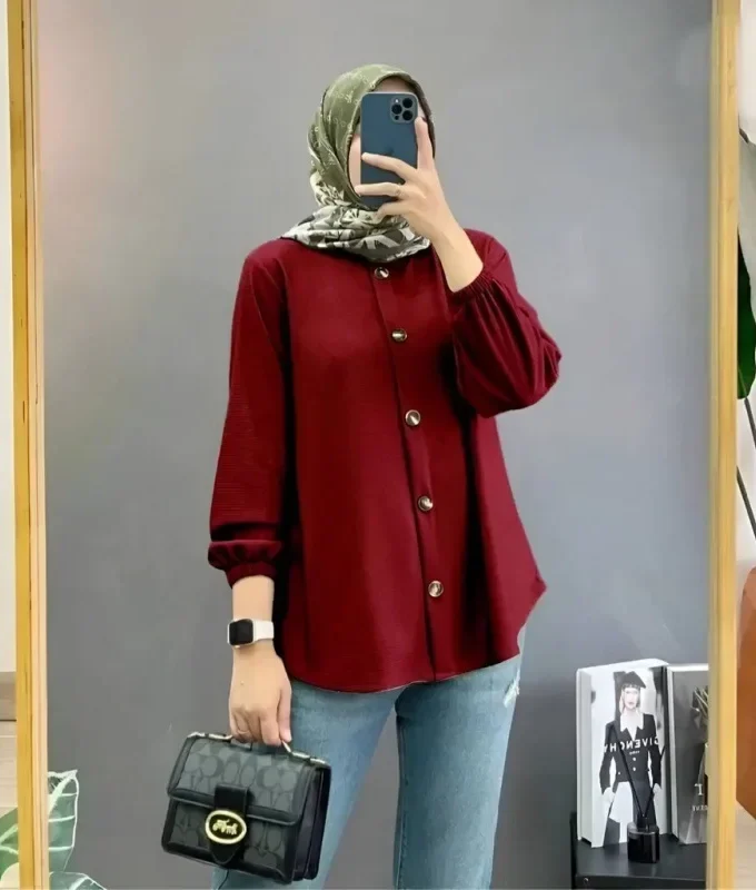 MiraMuze Women Muslim Tops Full Length Stand Collar Blouses Single Breasted Button Solid Cardigan Loose Casual Drape Dubai