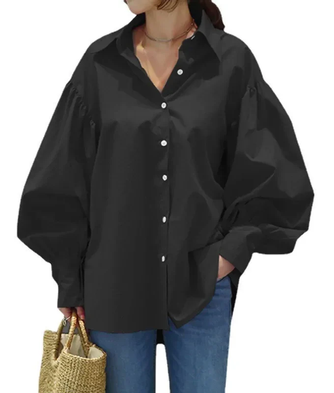 MiraMuze Muslim Women Top Blouse Single Breasted Turn Down Collar Lantern Sleeve Solid Color Tops Dubai Casual Shirt