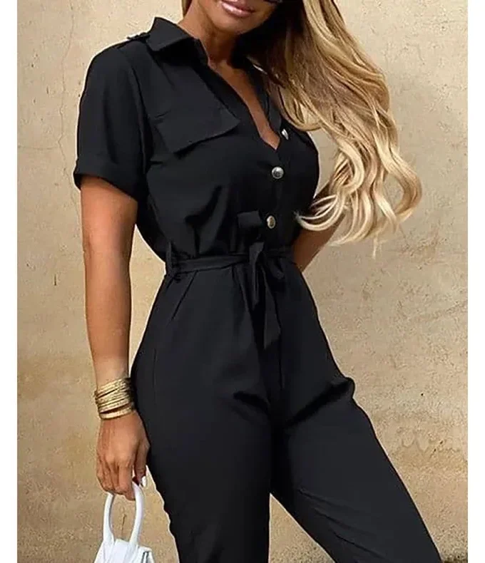 MiraMuze Summer Women's New Fashion Flip Collar Button Print Belt Lace Up Work Dress Casual Capris Jumpsuit Office