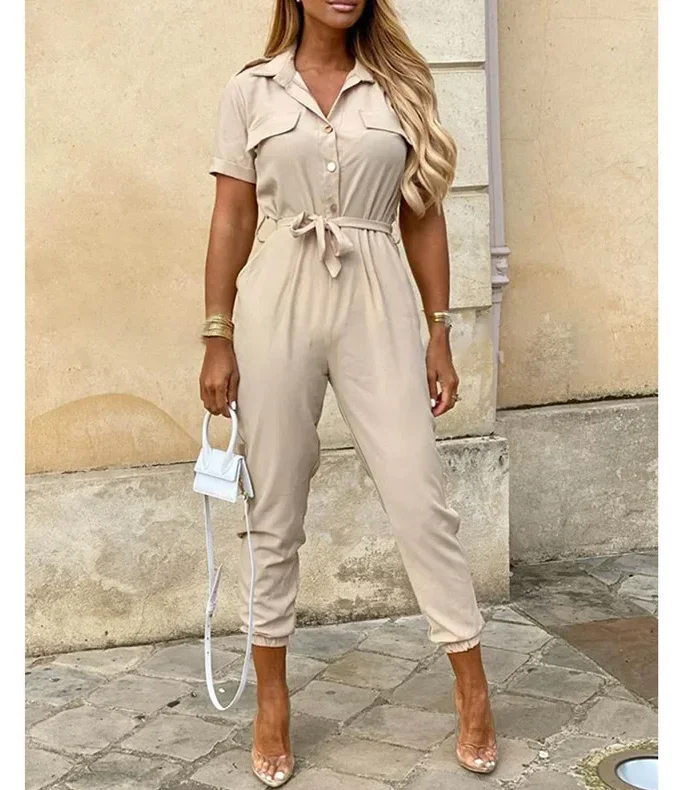 MiraMuze Summer Women's New Fashion Flip Collar Button Print Belt Lace Up Work Dress Casual Capris Jumpsuit Office