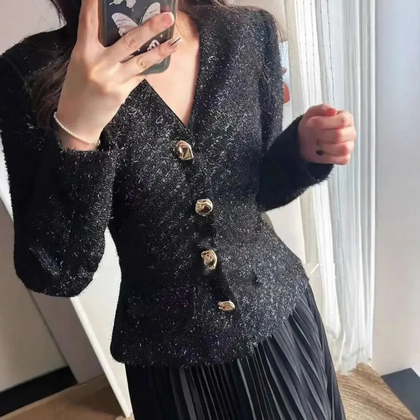 MiraMuze Luxury Autumn Winter Crystal Knitted Tweed Chiffon Midi Dress for Women Long Sleeve Black V-Neck Pleated Evening Party Vestidos - Image 3