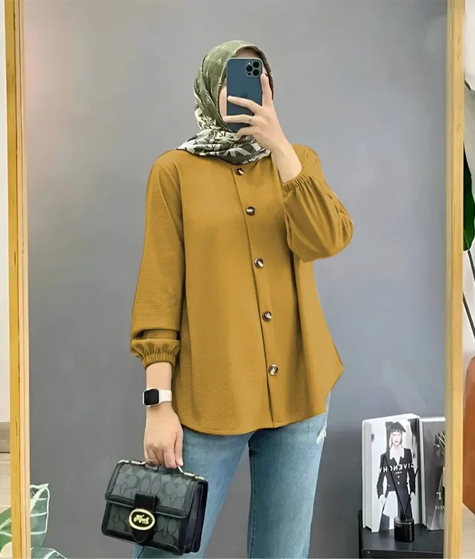 MiraMuze Women Muslim Tops Full Length Stand Collar Blouses Single Breasted Button Solid Cardigan Loose Casual Drape Dubai