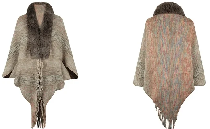 MiraMuze Fashion Elegant Jacket Coat Autumn/Winter Rainbow Stripe Tassel Shawl