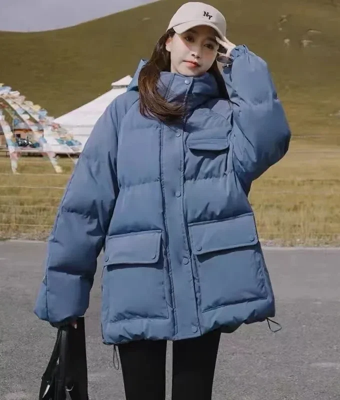 MiraMuze 2025 New Women's Loose Plus Thick Winter Hooded Flannel Coat Versatile Solid Color Down Jacket Winter Foggy Blue Women's Coat