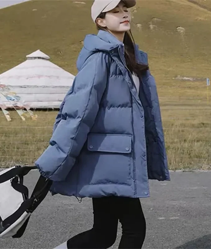 MiraMuze 2025 New Women's Loose Plus Thick Winter Hooded Flannel Coat Versatile Solid Color Down Jacket Winter Foggy Blue Women's Coat